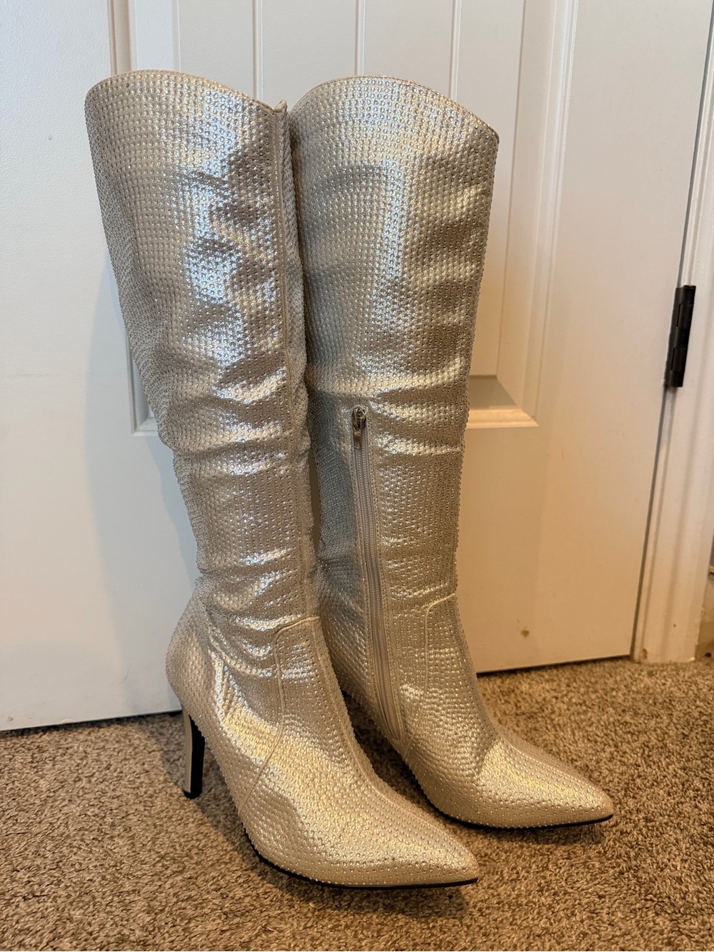 MIA Silver Textured Knee-High Stiletto Boots